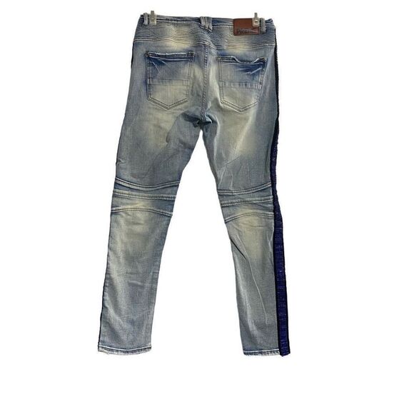 PREME Men’s Denim Moto Blue Side Stripe Distressed Destroyed Jeans Size 34X33 - Picture 2 of 11